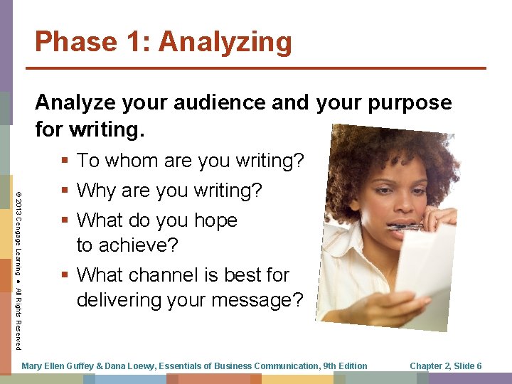 Phase 1: Analyzing Analyze your audience and your purpose for writing. © 2013 Cengage