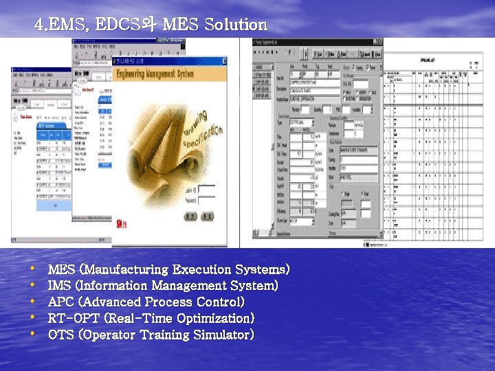4. EMS, EDCS와 MES Solution • • • MES (Manufacturing Execution Systems) IMS (Information 4. EMS, EDCS와 MES Solution • • • MES (Manufacturing Execution Systems) IMS (Information