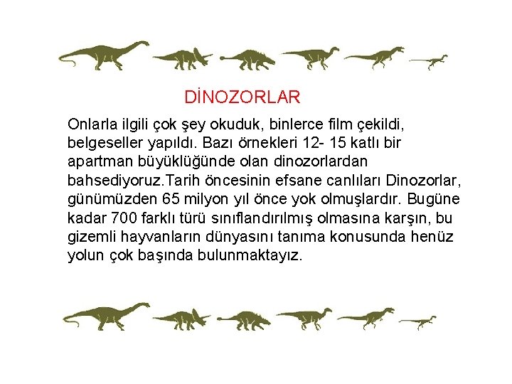 DİNOZORLAR Onlarla ilgili çok şey okuduk, binlerce film çekildi, belgeseller yapıldı. Bazı örnekleri 12