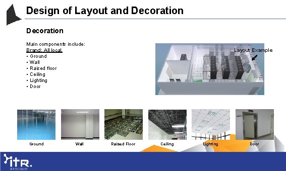 Design of Layout and Decoration Main components include: Brand: All local. • Ground •