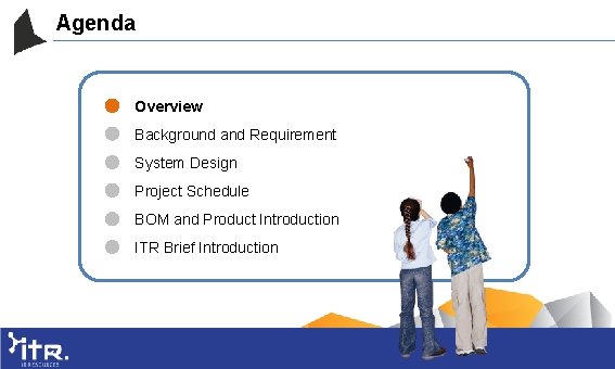 Agenda Overview Background and Requirement System Design Project Schedule BOM and Product Introduction ITR