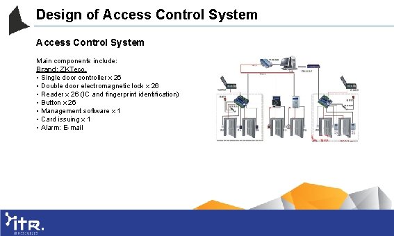 Design of Access Control System Main components include: Brand: ZKTeco. • Single door controller