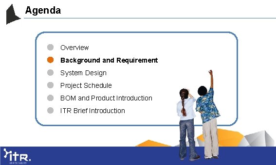 Agenda Overview Background and Requirement System Design Project Schedule BOM and Product Introduction ITR