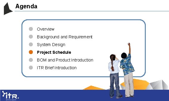 Agenda Overview Background and Requirement System Design Project Schedule BOM and Product Introduction ITR