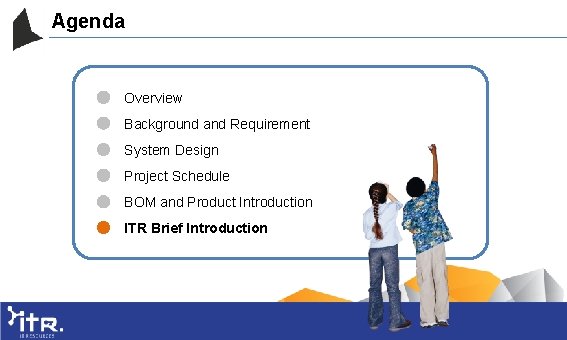 Agenda Overview Background and Requirement System Design Project Schedule BOM and Product Introduction ITR