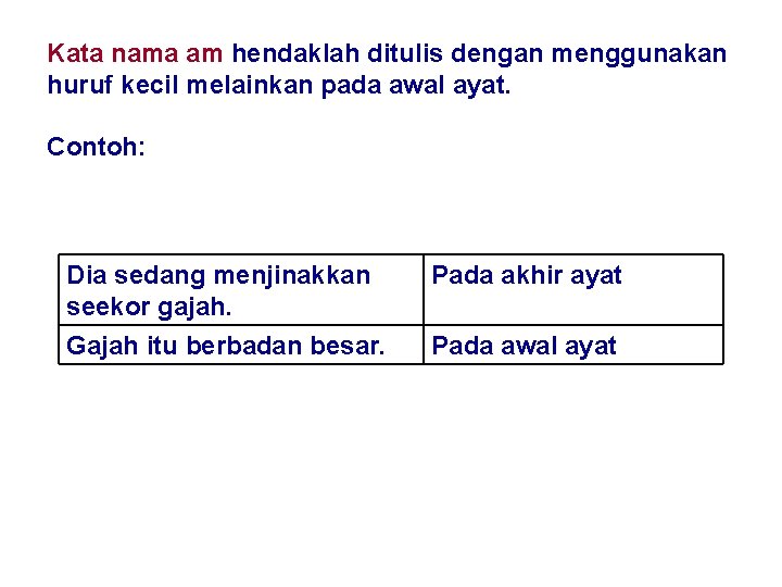 Kata nama am hendaklah ditulis dengan menggunakan huruf kecil melainkan pada awal ayat. Contoh: