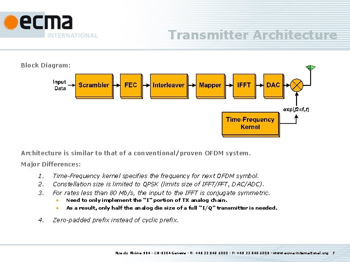 Transmitter Architecture Block Diagram: Architecture is similar to that of a conventional/proven OFDM system.