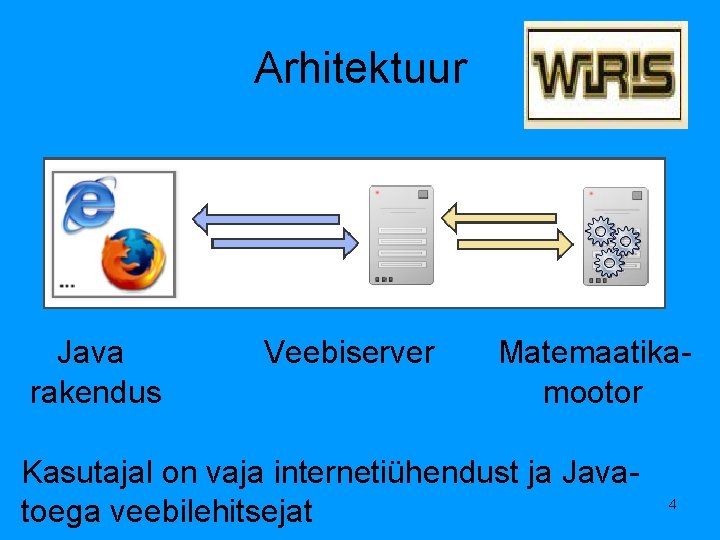 Arhitektuur Java rakendus Veebiserver Matemaatikamootor Kasutajal on vaja internetiühendust ja Javatoega veebilehitsejat 4 