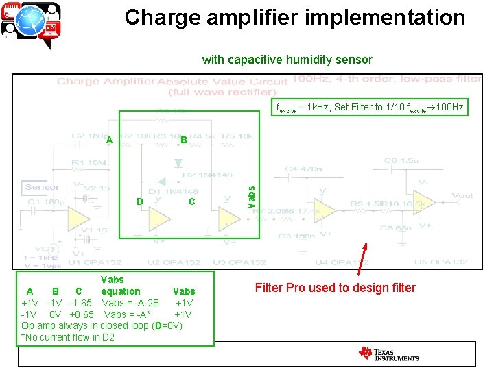 Charge amplifier implementation with capacitive humidity sensor fexcite = 1 k. Hz, Set Filter