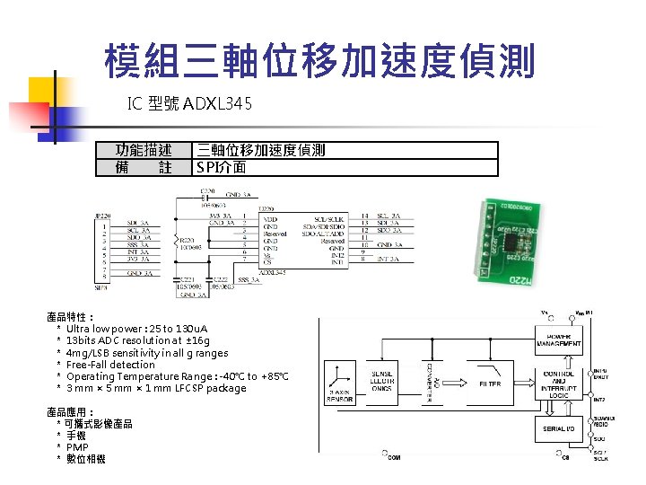 模組三軸位移加速度偵測 IC 型號 ADXL 345 功能描述 備　　註 三軸位移加速度偵測 SPI介面 產品特性： * Ultra low power