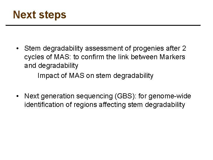 Next steps • Stem degradability assessment of progenies after 2 cycles of MAS: to