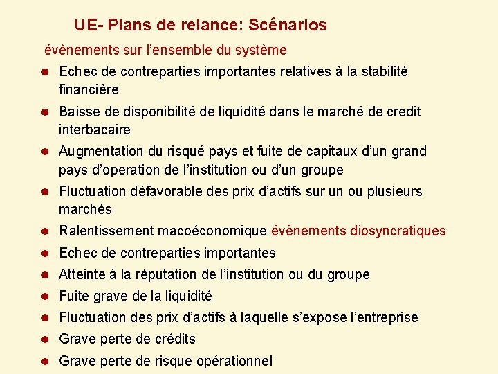 UE- Plans de relance: Scénarios évènements sur l’ensemble du système l Echec de contreparties