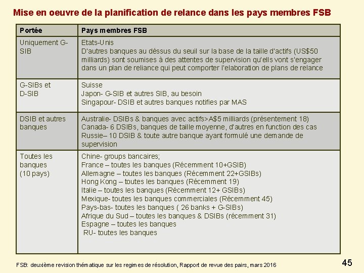 Mise en oeuvre de la planification de relance dans les pays membres FSB Portée