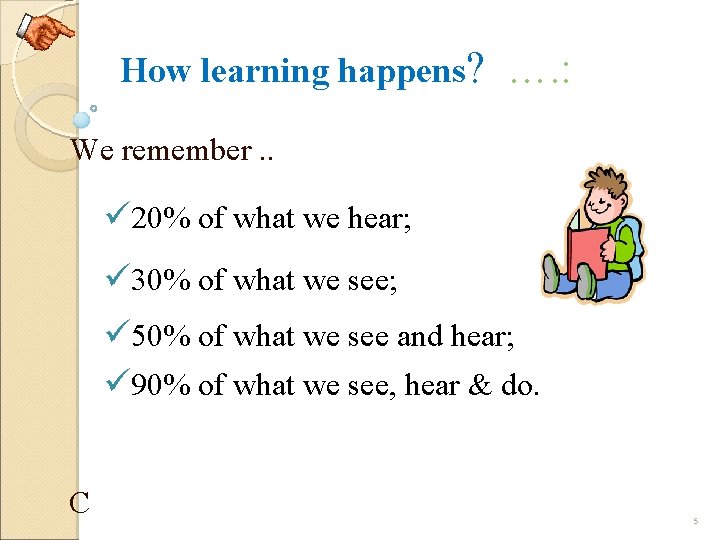 How learning happens? …. : We remember. . ü 20% of what we hear;