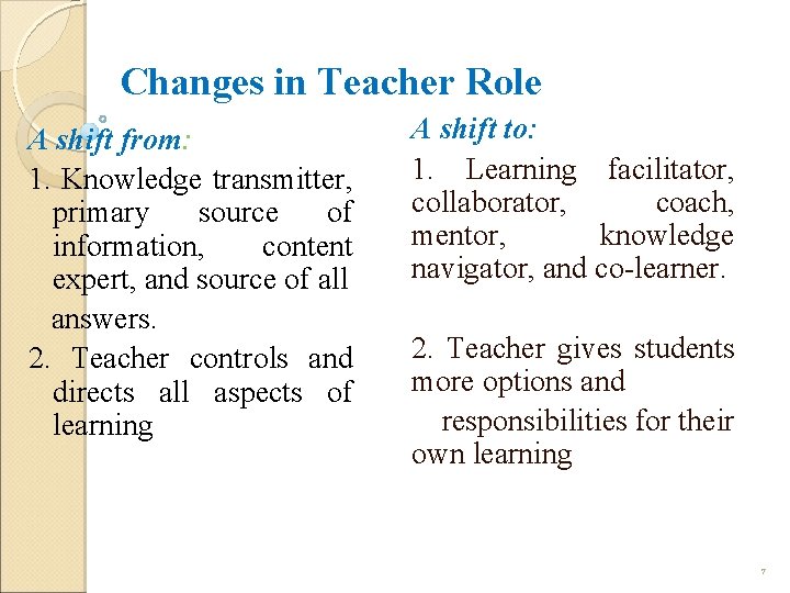 Changes in Teacher Role A shift from: 1. Knowledge transmitter, primary source of information,