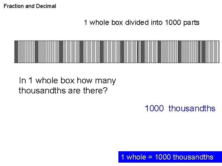 Fraction and Decimal 1 whole box divided into 1000 parts In 1 whole box