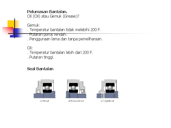 Pelumasan Bantalan. Oli (Oil) atau Gemuk (Grease)? Gemuk: . Temperatur bantalan tidak melebihi 200