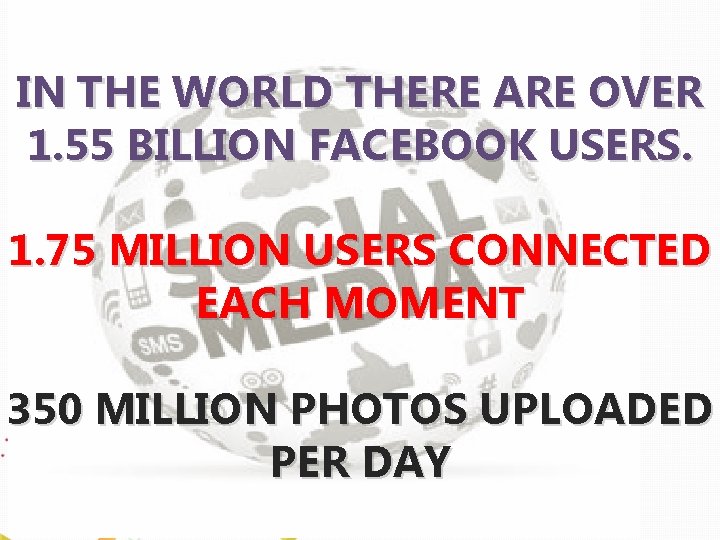 IN THE WORLD THERE ARE OVER 1. 55 BILLION FACEBOOK USERS. 1. 75 MILLION