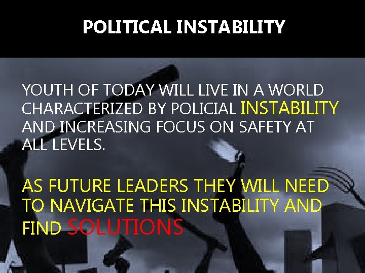 POLITICAL INSTABILITY YOUTH OF TODAY WILL LIVE IN A WORLD CHARACTERIZED BY POLICIAL INSTABILITY