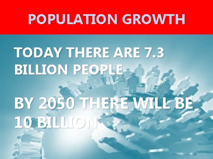 POPULATION GROWTH TODAY THERE ARE 7. 3 BILLION PEOPLE BY 2050 THERE WILL BE