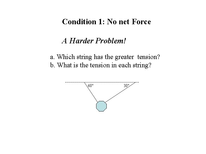 Condition 1: No net Force A Harder Problem! a. Which string has the greater