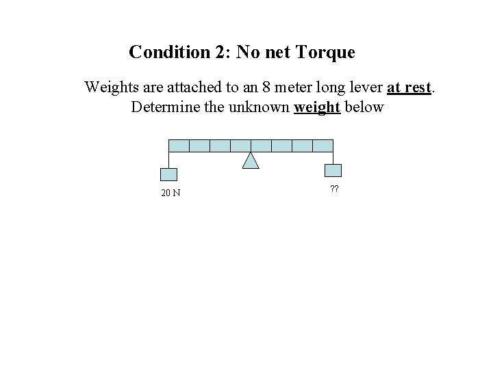 Condition 2: No net Torque Weights are attached to an 8 meter long lever