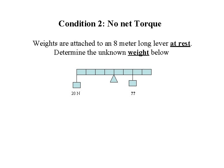 Condition 2: No net Torque Weights are attached to an 8 meter long lever