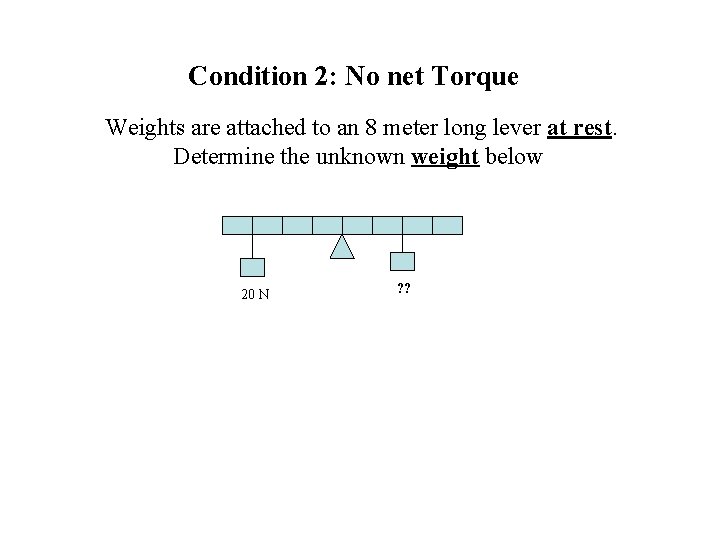 Condition 2: No net Torque Weights are attached to an 8 meter long lever