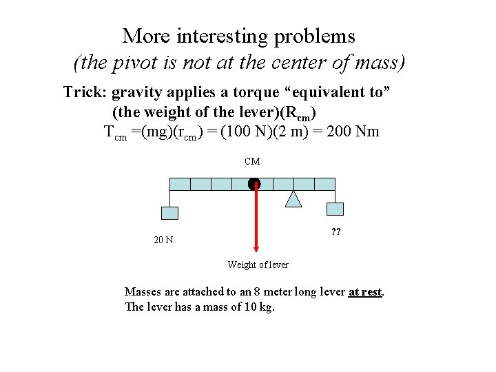 More interesting problems (the pivot is not at the center of mass) Trick: gravity