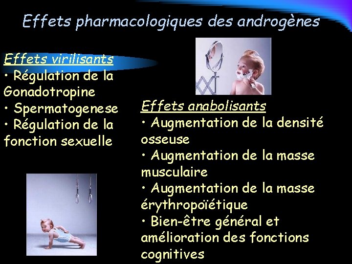 Effets pharmacologiques des androgènes Effets virilisants • Régulation de la Gonadotropine • Spermatogenese •