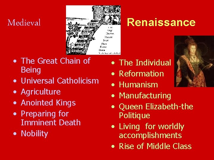  Renaissance Medieval • The Great Chain of Being • Universal Catholicism • Agriculture