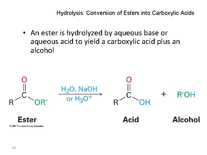 Hydrolysis: Conversion of Esters into Carboxylic Acids • An ester is hydrolyzed by aqueous