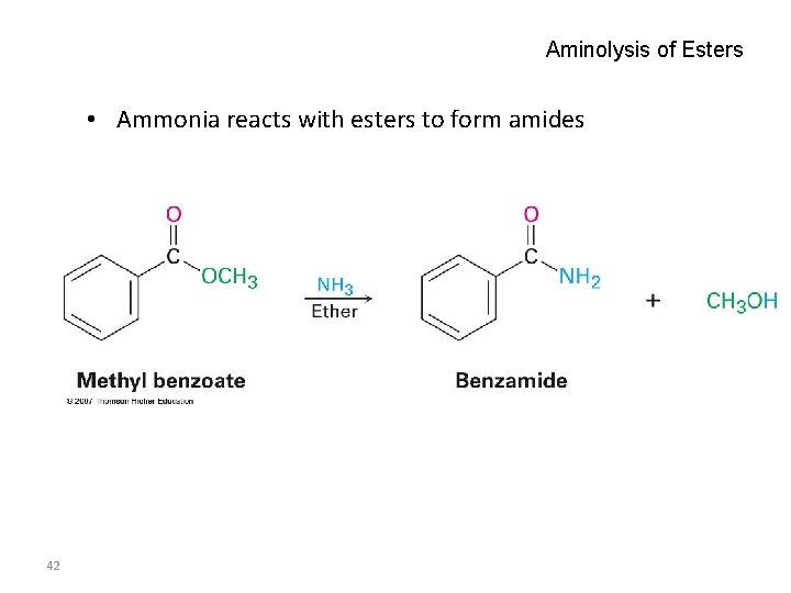 Aminolysis of Esters • Ammonia reacts with esters to form amides 42 
