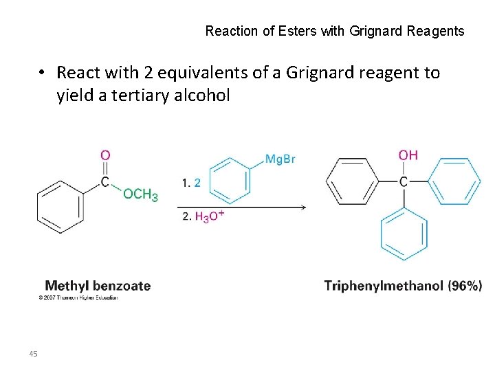 Reaction of Esters with Grignard Reagents • React with 2 equivalents of a Grignard