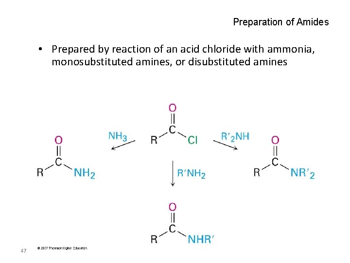 Preparation of Amides • Prepared by reaction of an acid chloride with ammonia, monosubstituted