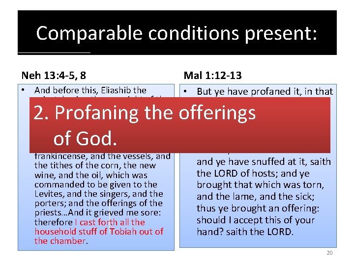 Comparable conditions present: Neh 13: 4 -5, 8 Mal 1: 12 -13 • And