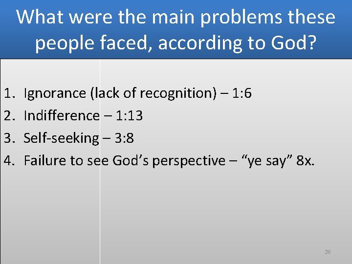 What were the main problems these people faced, according to God? 1. 2. 3.