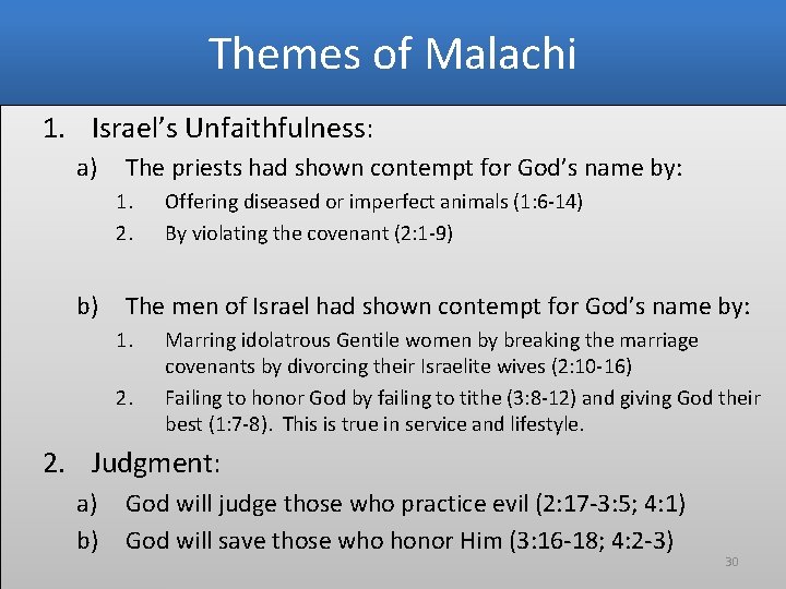 Themes of Malachi 1. Israel’s Unfaithfulness: a) The priests had shown contempt for God’s