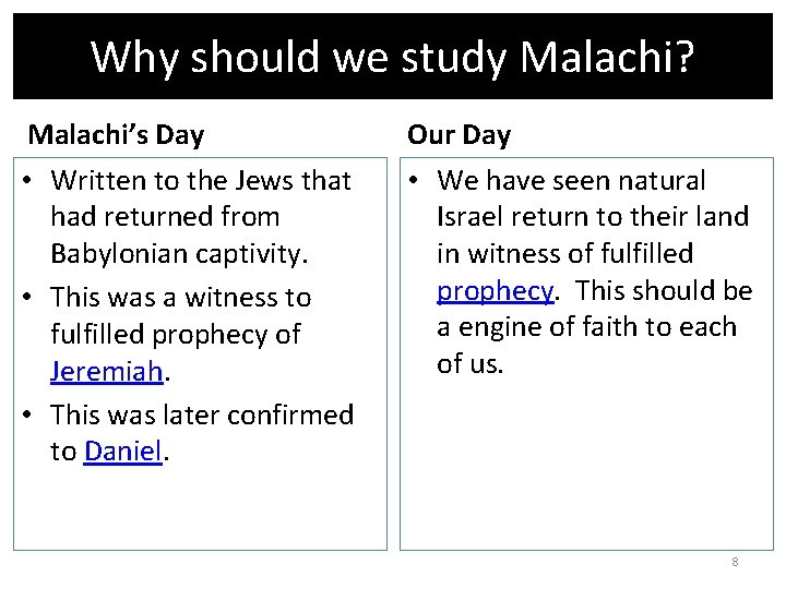 Why should we study Malachi? Malachi’s Day Our Day • Written to the Jews