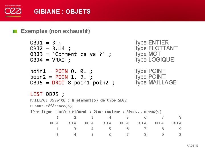 GIBIANE : OBJETS Exemples (non exhaustif) OBJ 1 OBJ 2 OBJ 3 OBJ 4