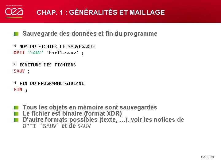 CHAP. 1 : GÉNÉRALITÉS ET MAILLAGE Sauvegarde des données et fin du programme *