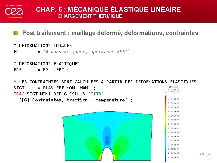 CHAP. 6 : MÉCANIQUE ÉLASTIQUE LINÉAIRE CHARGEMENT THERMIQUE Post traitement : maillage déformé, déformations,