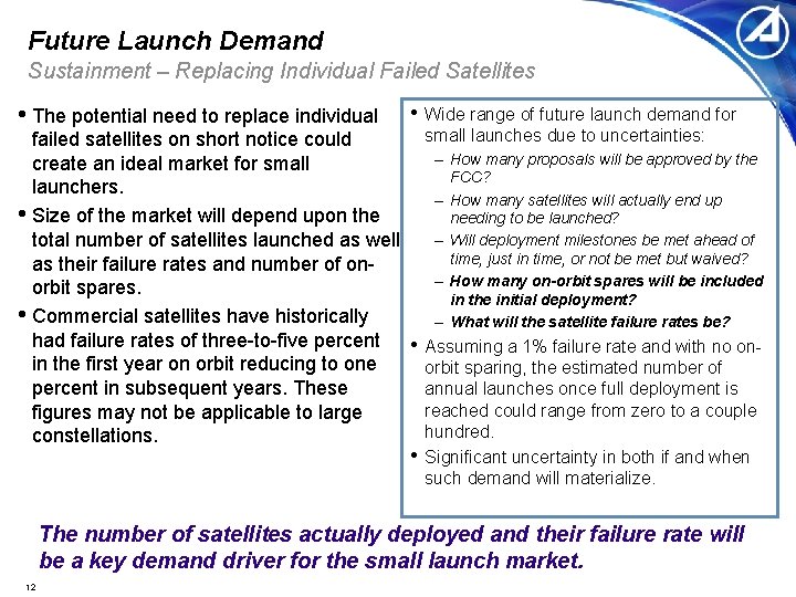 Future Launch Demand Sustainment – Replacing Individual Failed Satellites • The potential need to