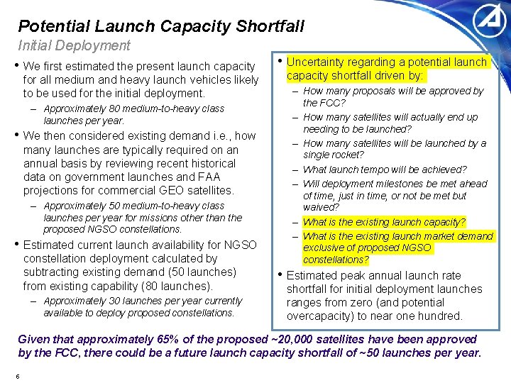 Potential Launch Capacity Shortfall Initial Deployment • We first estimated the present launch capacity