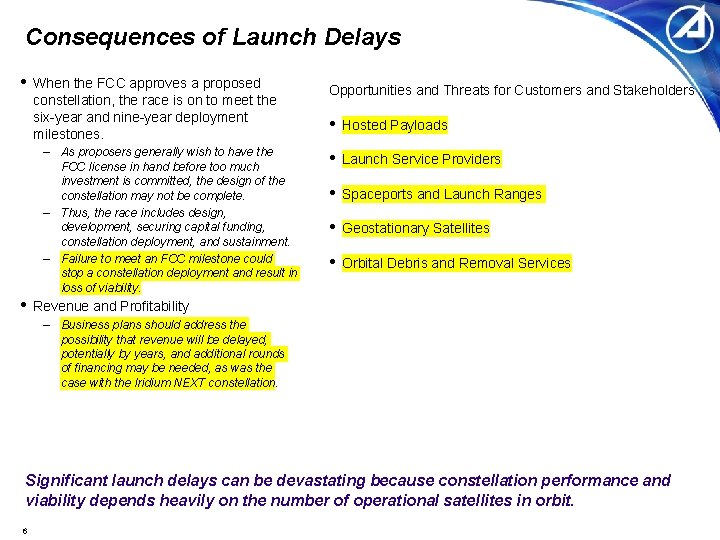 Consequences of Launch Delays • When the FCC approves a proposed constellation, the race