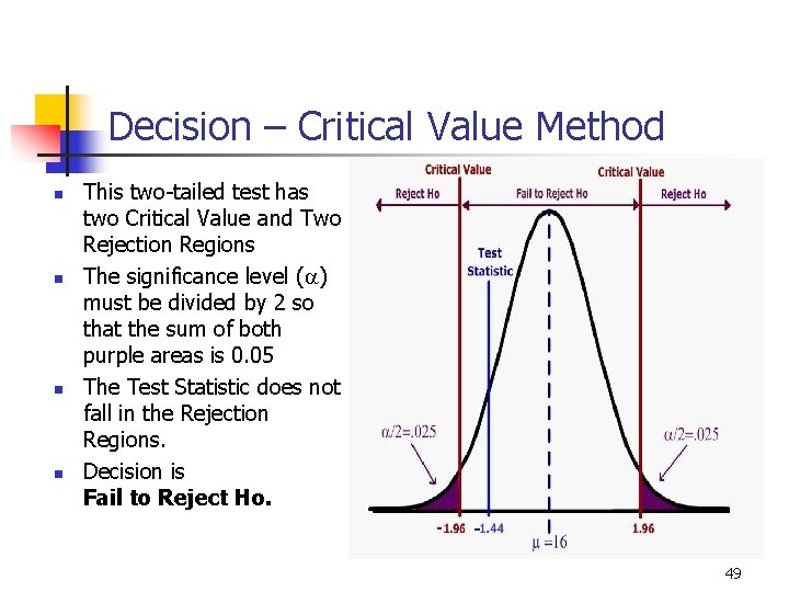 Decision – Critical Value Method n n This two-tailed test has two Critical Value