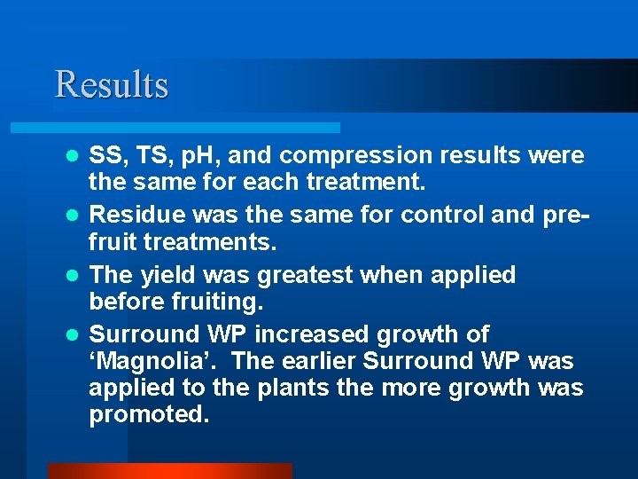 Results SS, TS, p. H, and compression results were the same for each treatment.