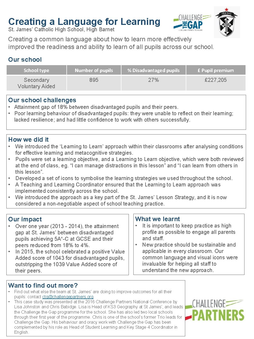 Creating a Language for Learning St. James’ Catholic High School, High Barnet Creating a