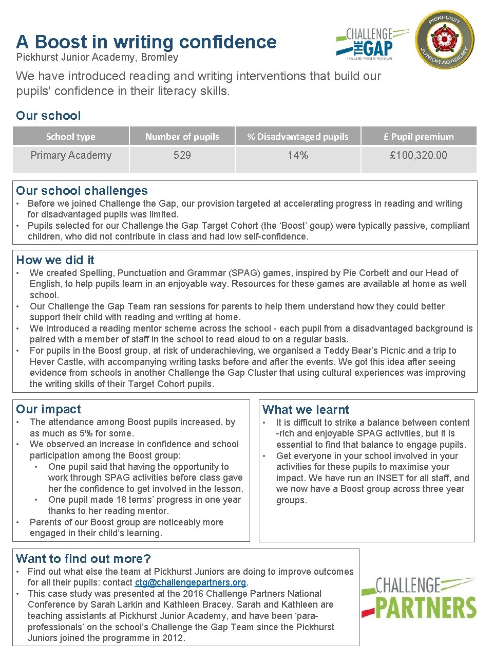 A Boost in writing confidence Pickhurst Junior Academy, Bromley We have introduced reading and