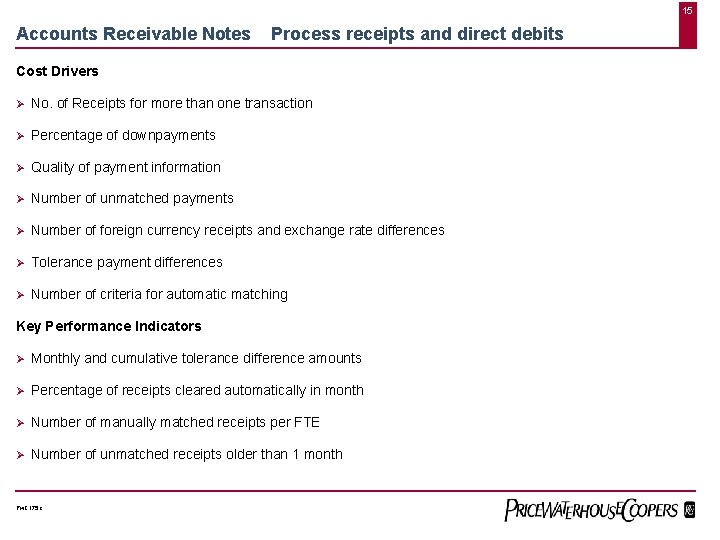 15 Accounts Receivable Notes Process receipts and direct debits Cost Drivers Ø No. of